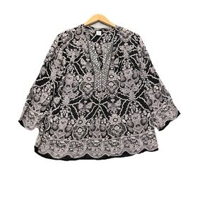 BILA Top Size XXL Black Popover Boho‎ Fairy Ditzy Sequin 3/4 Sleeve Blouse 2X